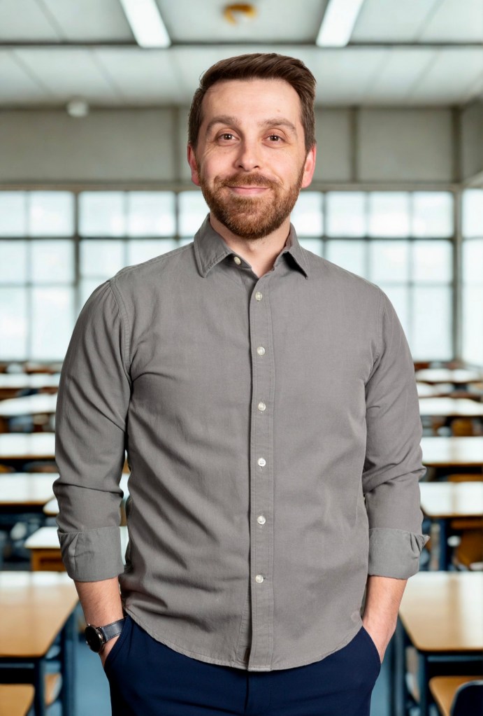 Evan standing in front of a classroom